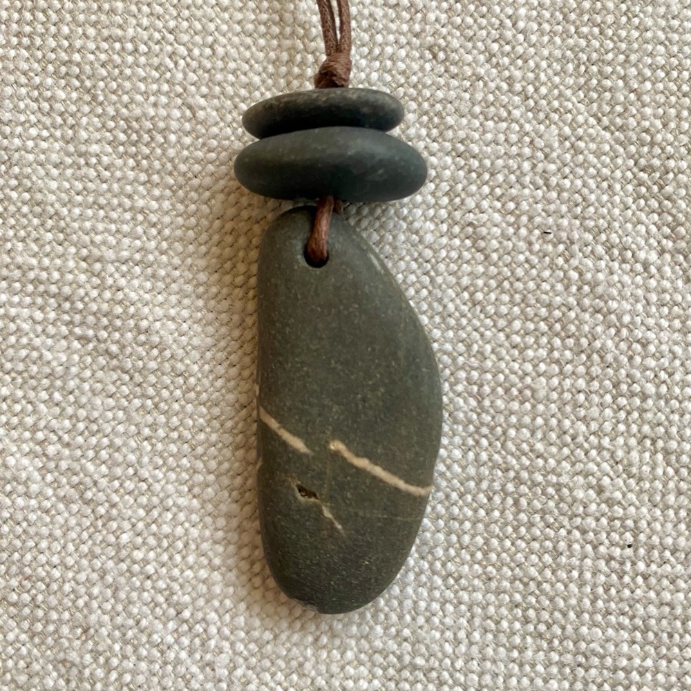 Gray Stone Pendant Necklace with Brown Cord - Picture 2 of 4
